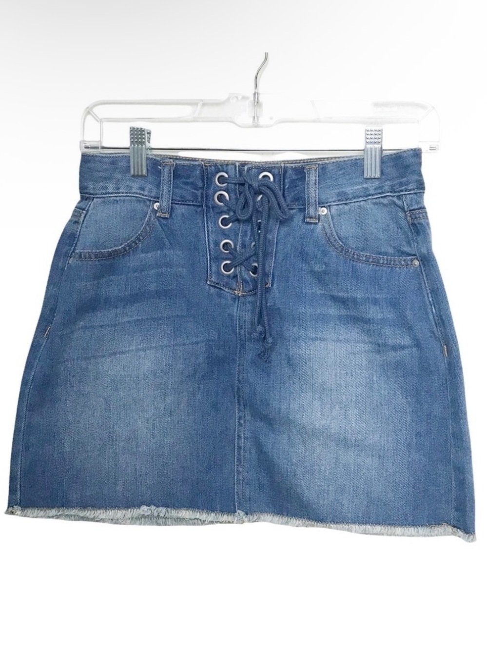 Sky and Sparrow Blue Raw Hem Lace Up Denim Skirt Juniors 1